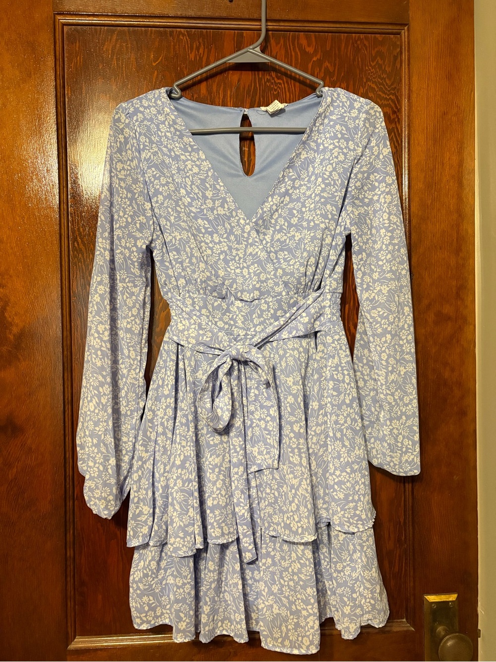 Light Blue Floral Tiered Wrap Dress with Self-Tie Waist